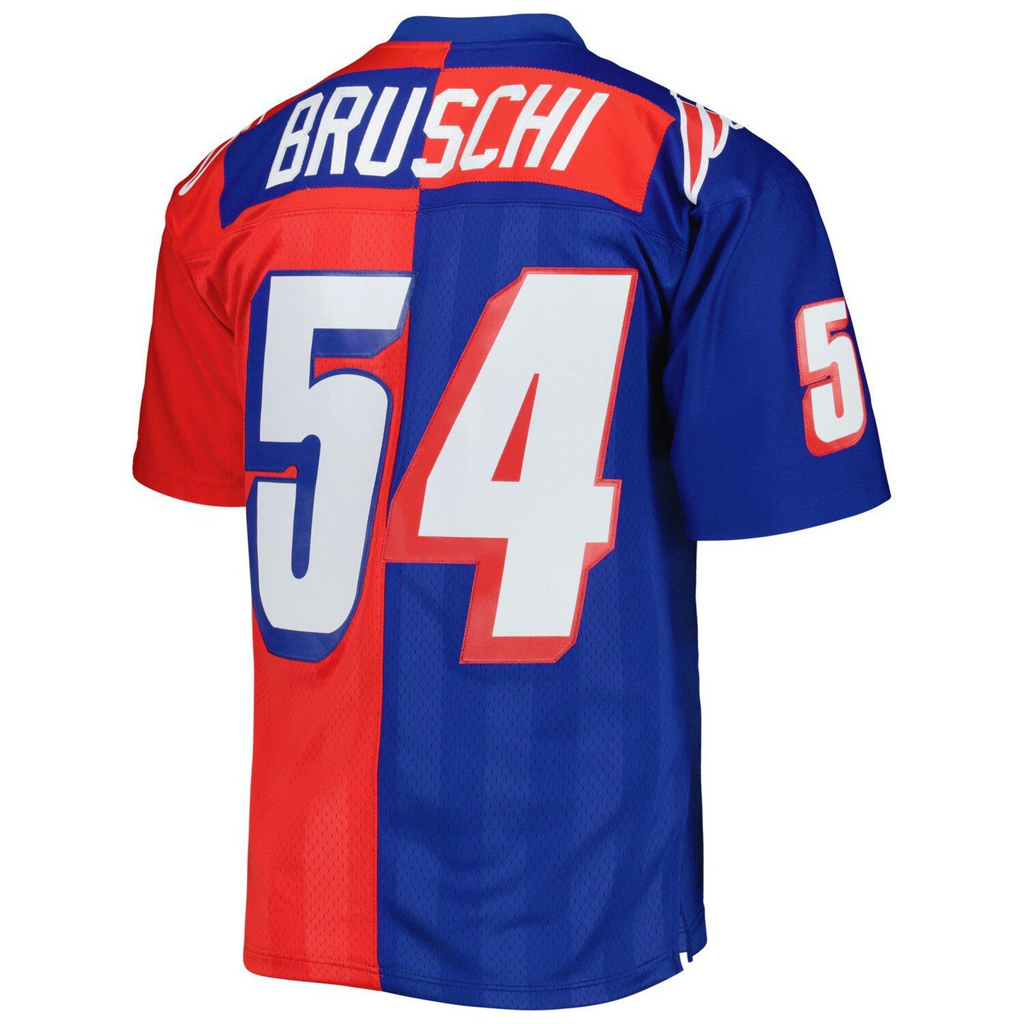 Men's Mitchell & Ness Tedy Bruschi Royal/Red New England Patriots 1996 Split Legacy Replica Jersey