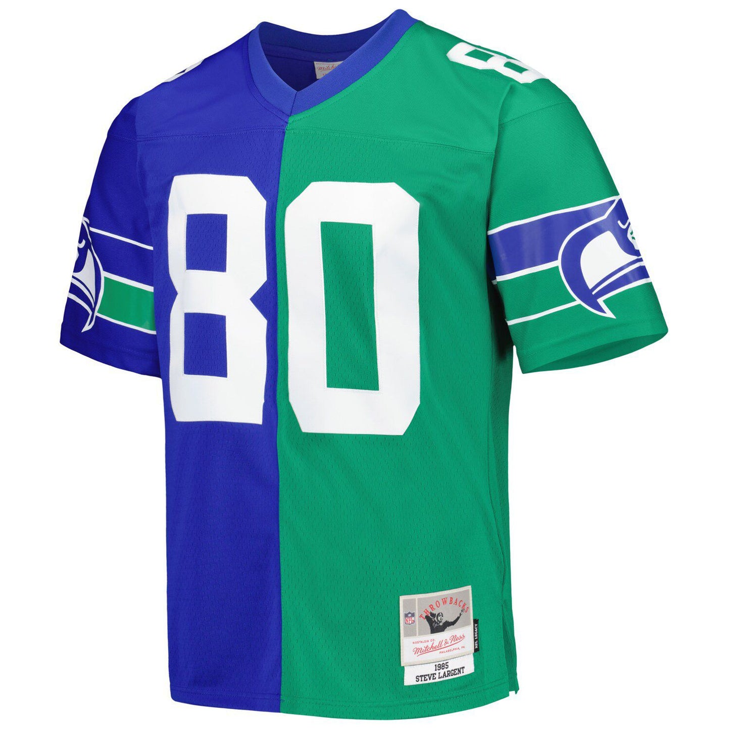 Men's Mitchell & Ness Steve Largent Royal/Green Seattle Seahawks 1985 Split Legacy Replica Jersey