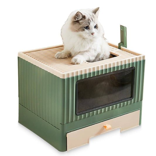 Kattypet Fully Enclosed Cat Litter Box with Lid, Foldable Extra Large Cat Toilet, Beige and