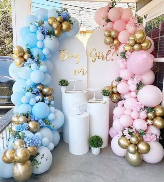 DUBEDAT "Ultimate Gender Reveal Bash 142-Piece Balloon Garland Kit with Chrome Metallic Latex Balloons in Pink, Blue, and Gold for Birthday Parties