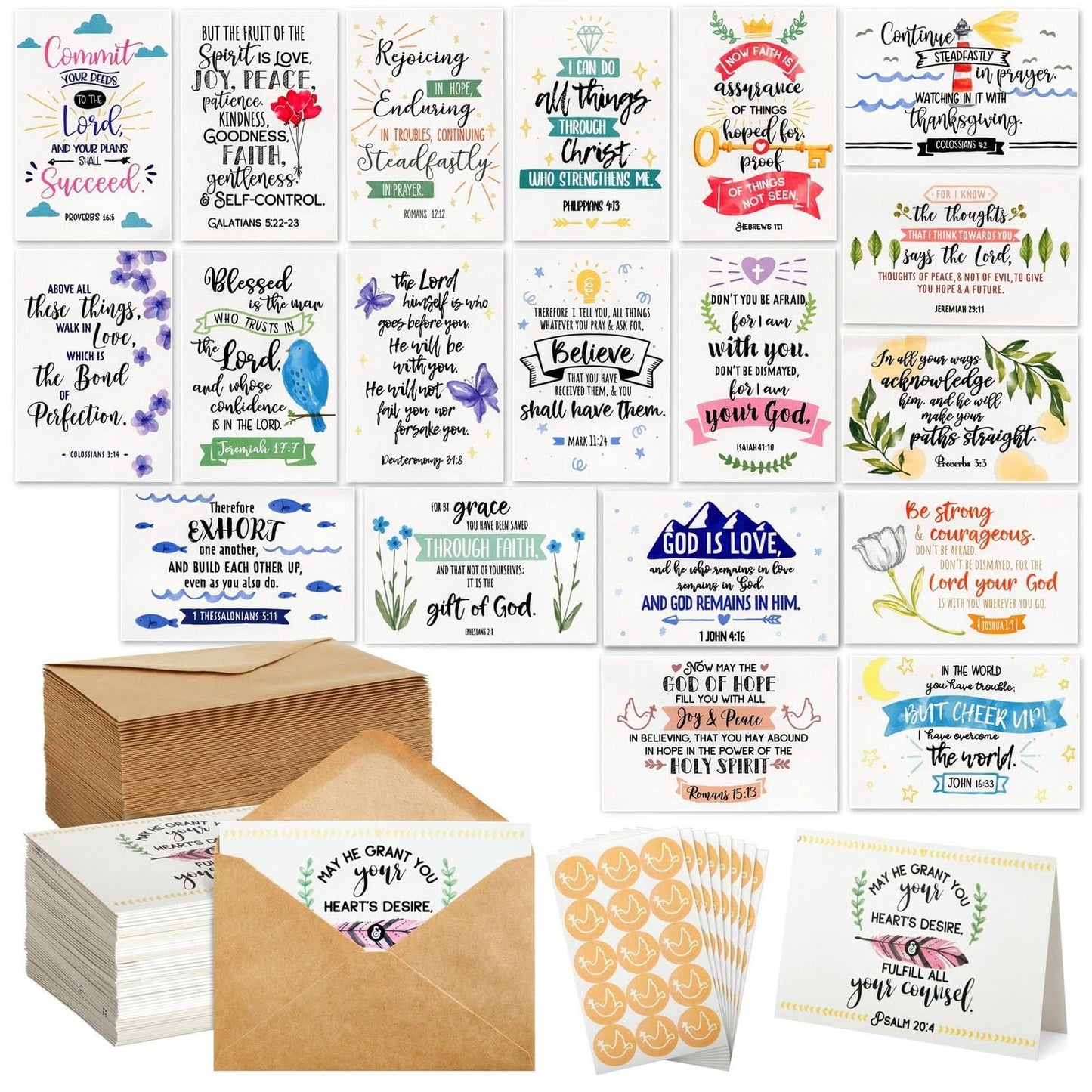 Faithful Finds 120 Pack Christian Greeting Cards Bulk with Envelopes, Religious Encouragement Scripture, 20 Inspirational Bible Verse Designs (4x6 in)